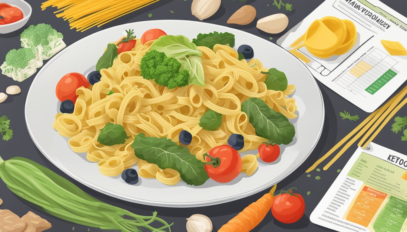 A plate of keto pasta surrounded by colorful vegetables and a nutritional information label