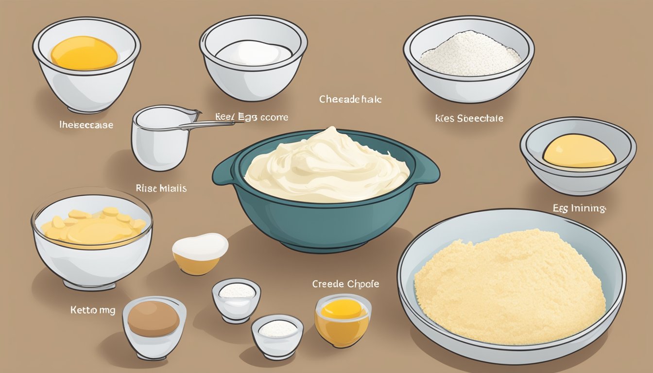 A kitchen counter with ingredients for keto cheesecake: almond flour, cream cheese, eggs, and a mixing bowl