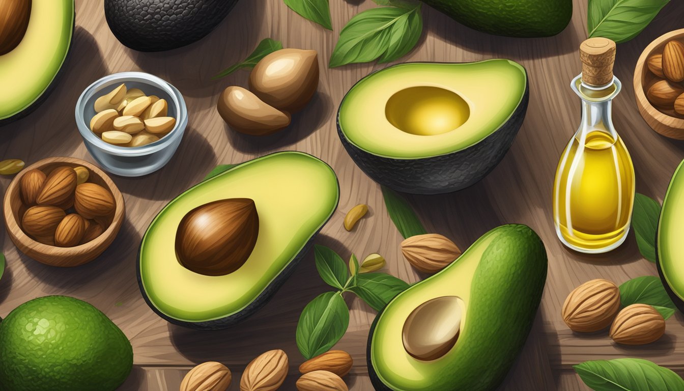 A variety of essential fats and oils, such as avocados, olive oil, and nuts, arranged on a wooden cutting board