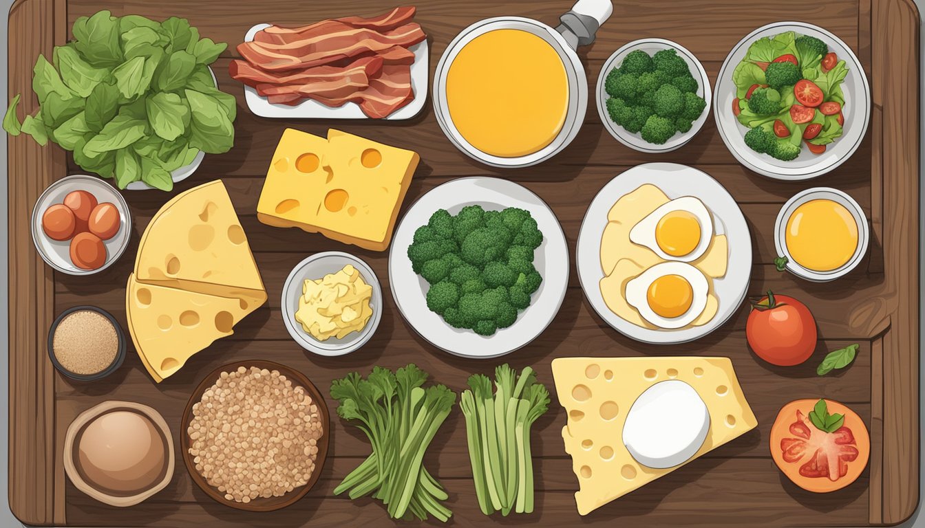 A colorful array of keto-friendly breakfast ingredients, including eggs, cheese, vegetables, and bacon, arranged on a wooden cutting board