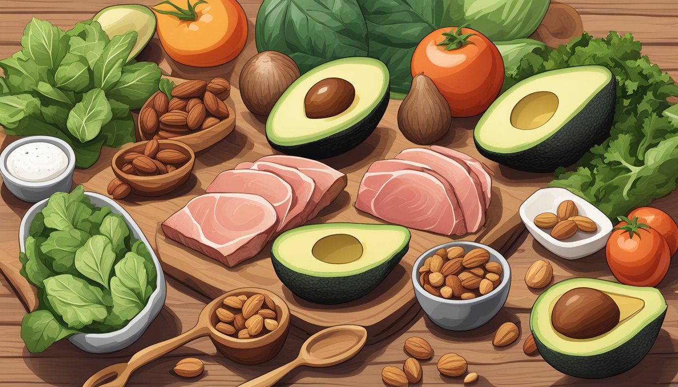 A colorful array of keto-friendly foods, including avocados, leafy greens, nuts, and lean meats, arranged on a wooden cutting board