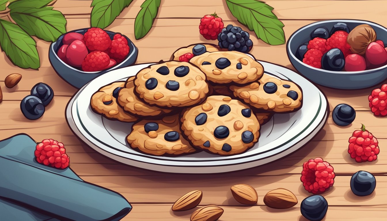 A plate of keto diet cookies surrounded by nuts and berries on a wooden table