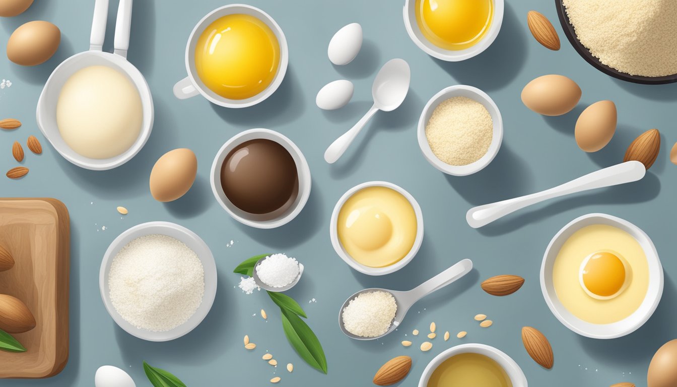 A countertop with almond flour, coconut oil, erythritol, and eggs, surrounded by measuring cups and spoons