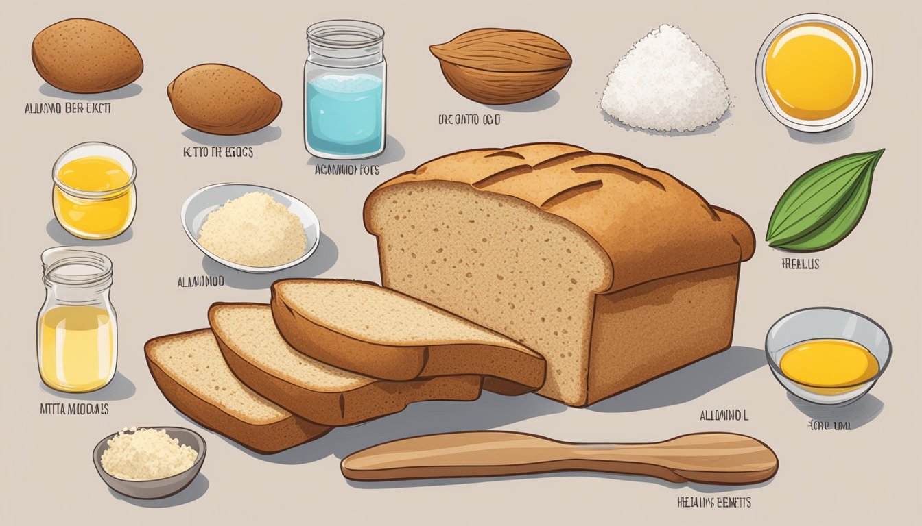 A loaf of keto bread surrounded by various ingredients like almond flour, eggs, and coconut oil. A nutrition label and a list of health benefits are displayed next to it