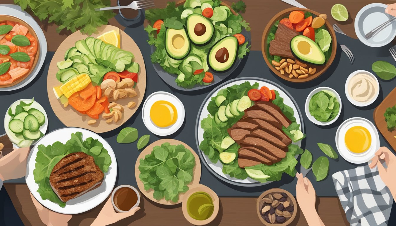 A dinner table with a variety of keto-friendly foods such as grilled meats, leafy green salads, and low-carb vegetables, with a plate of avocados and nuts as a side dish