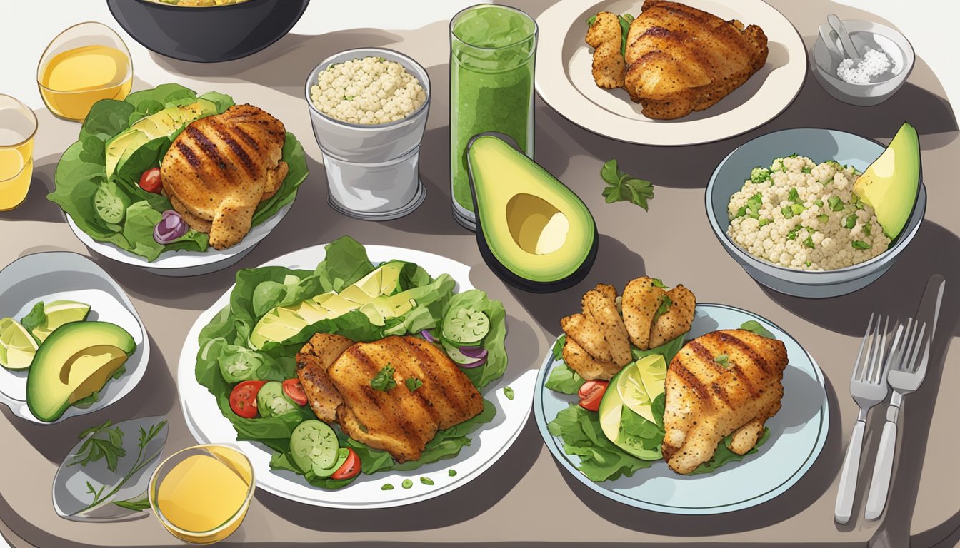 A table set with grilled chicken, avocado, salad, and cauliflower rice