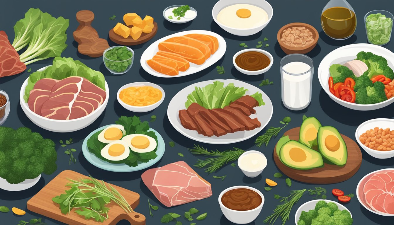 A dinner table set with keto-friendly foods and ingredients, such as lean meats, low-carb vegetables, and healthy fats