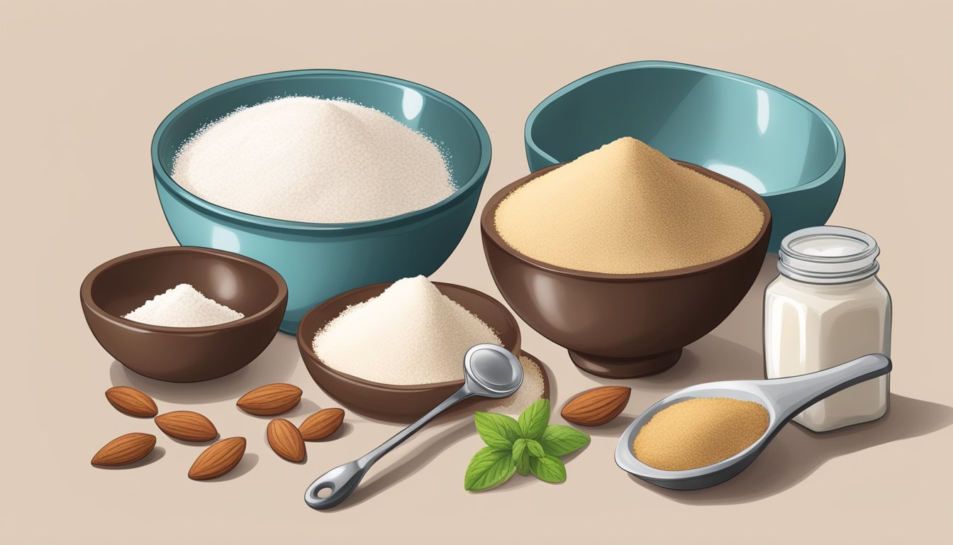 A table with ingredients: almond flour, coconut oil, stevia, and cocoa powder. A mixing bowl and measuring spoons sit nearby