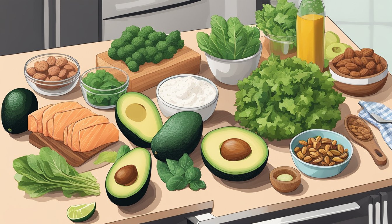 A kitchen counter with various keto-friendly foods and ingredients, such as avocados, leafy greens, nuts, and lean meats