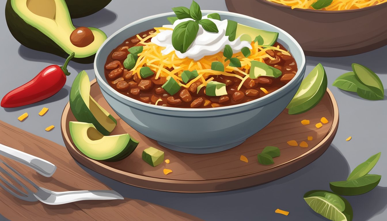 A bowl of keto chili with avocado, shredded cheese, and sour cream on the side