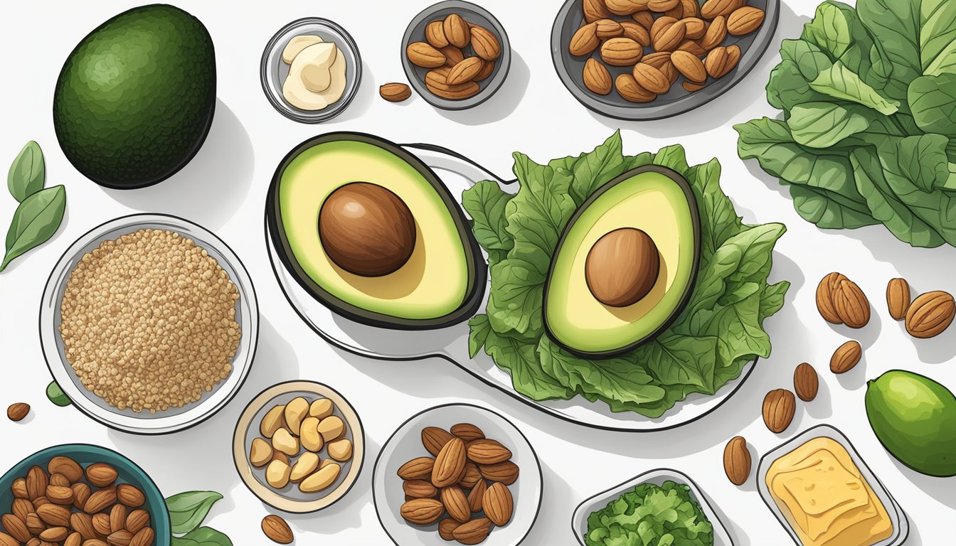 A table set with keto-friendly foods and ingredients, such as avocados, nuts, and leafy greens, with a keto meal plan laid out beside it