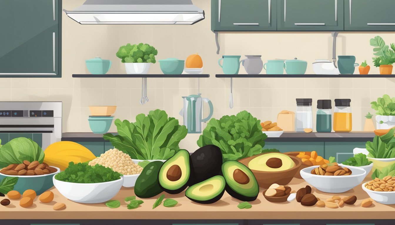 A kitchen counter with a variety of low-carb, high-fat foods like avocados, nuts, and leafy greens arranged neatly