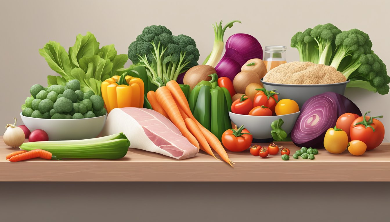 A colorful array of fresh vegetables, lean meats, and healthy fats arranged on a clean, minimalist kitchen counter