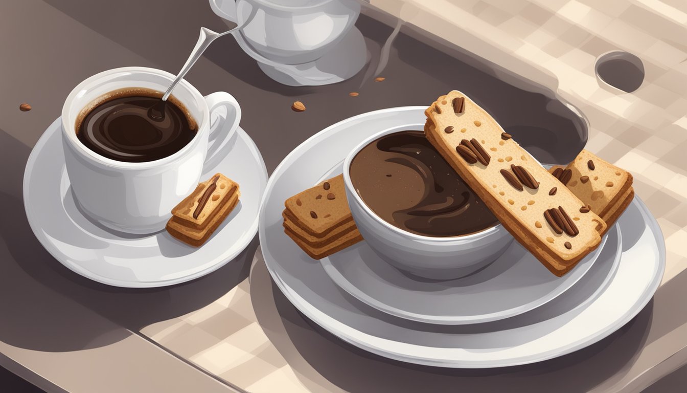 A cup of black coffee with a splash of heavy cream and a sprinkle of cinnamon, next to a plate of unsweetened almond biscotti