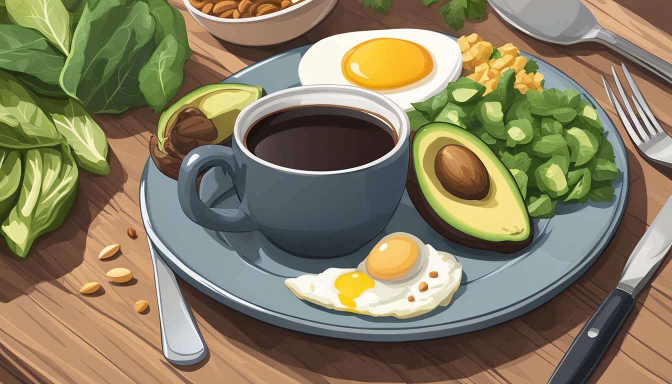 A steaming cup of black coffee sits next to a plate of avocado and eggs, surrounded by low-carb vegetables and nuts, all on a wooden table