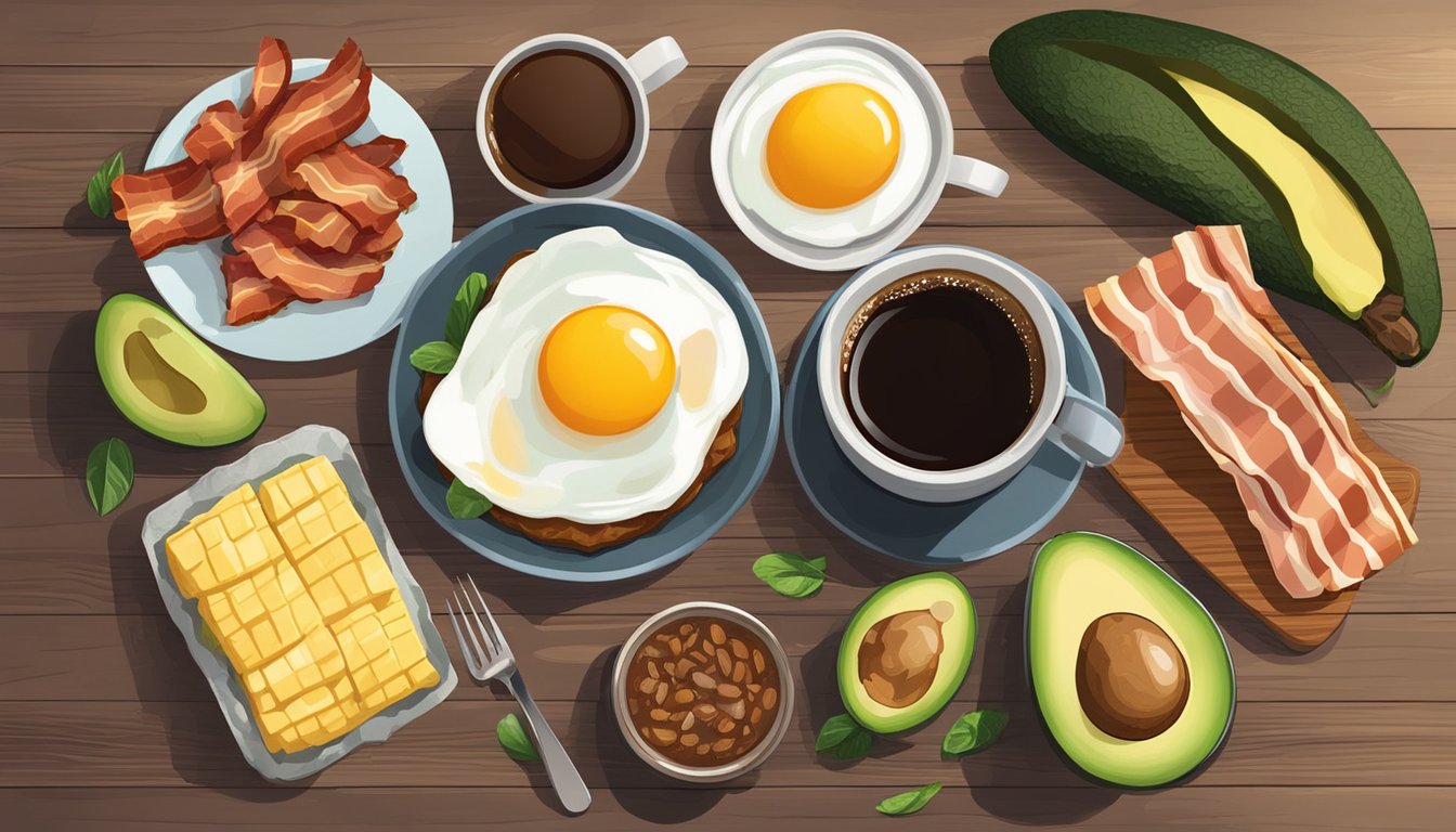 A steaming cup of black coffee surrounded by keto-friendly foods like avocado, eggs, and bacon on a wooden table