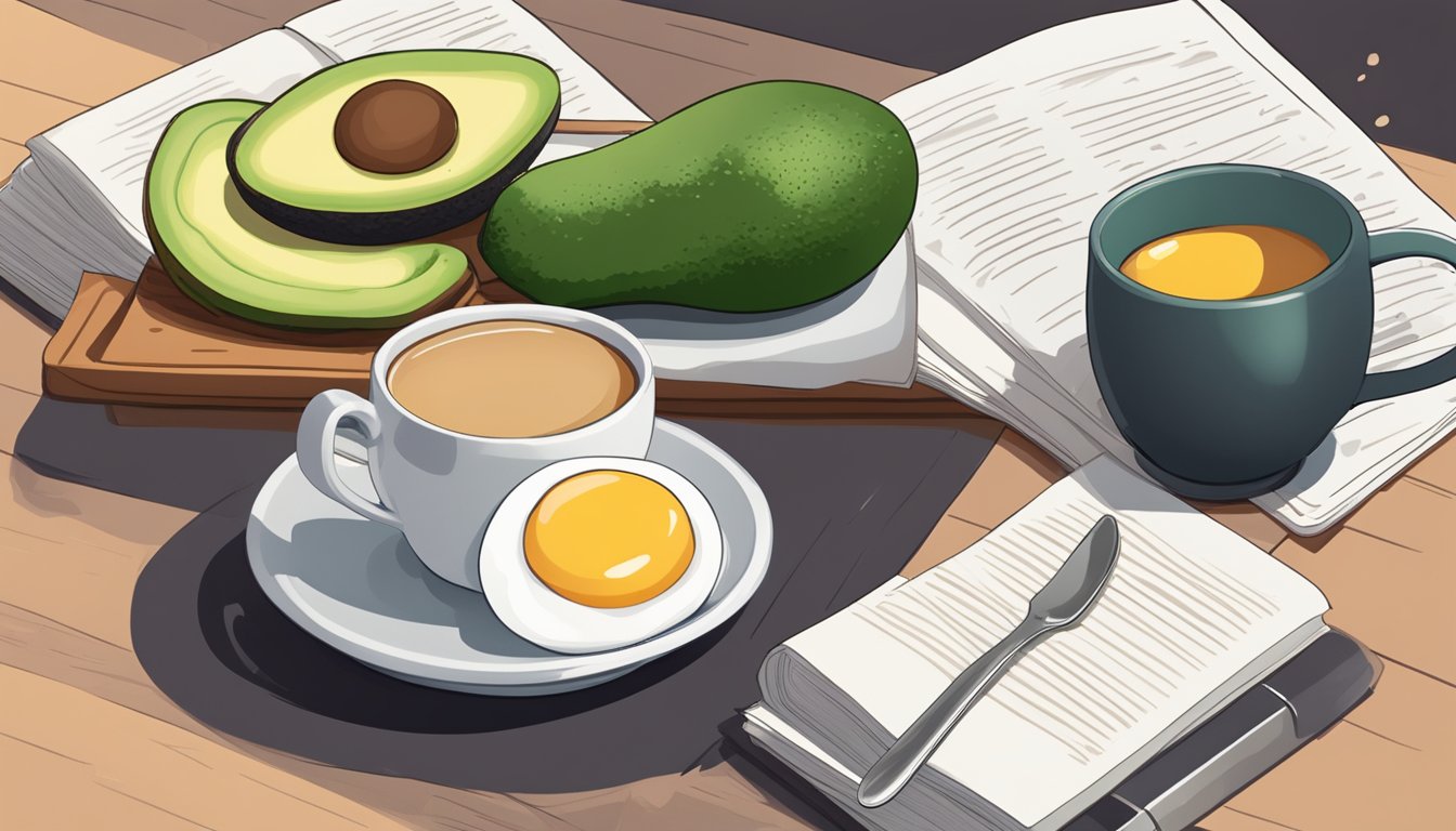 A steaming cup of black coffee sits next to a plate of avocado and eggs, with a stack of keto-friendly recipe books in the background