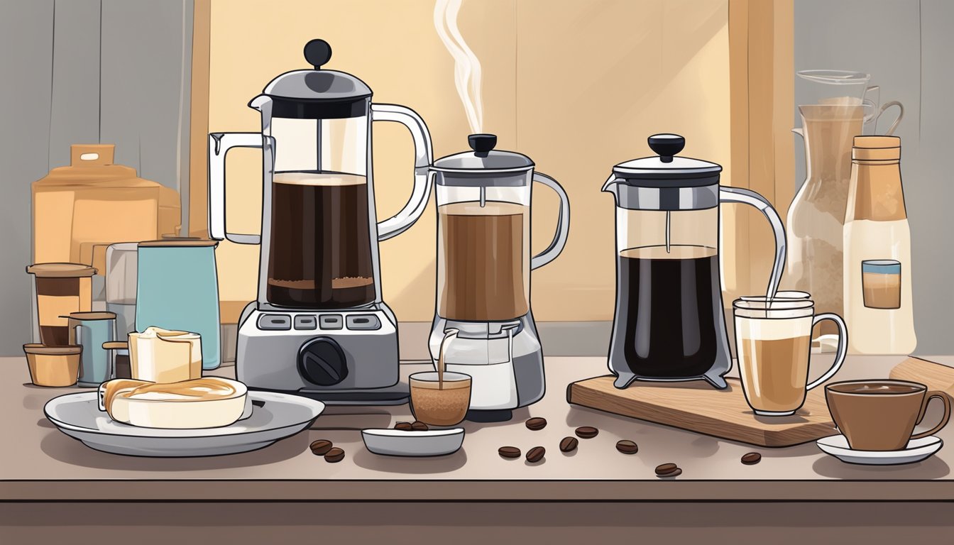 A steaming cup of keto-friendly coffee being brewed with a French press, surrounded by a selection of low-carb sweeteners and dairy-free creamers