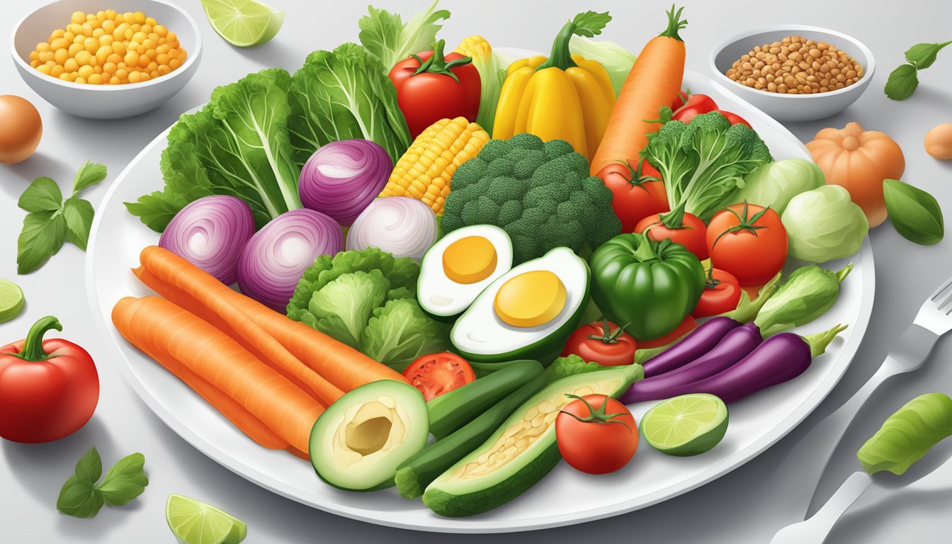 A colorful array of fresh vegetables, lean proteins, and healthy fats arranged on a clean, white plate