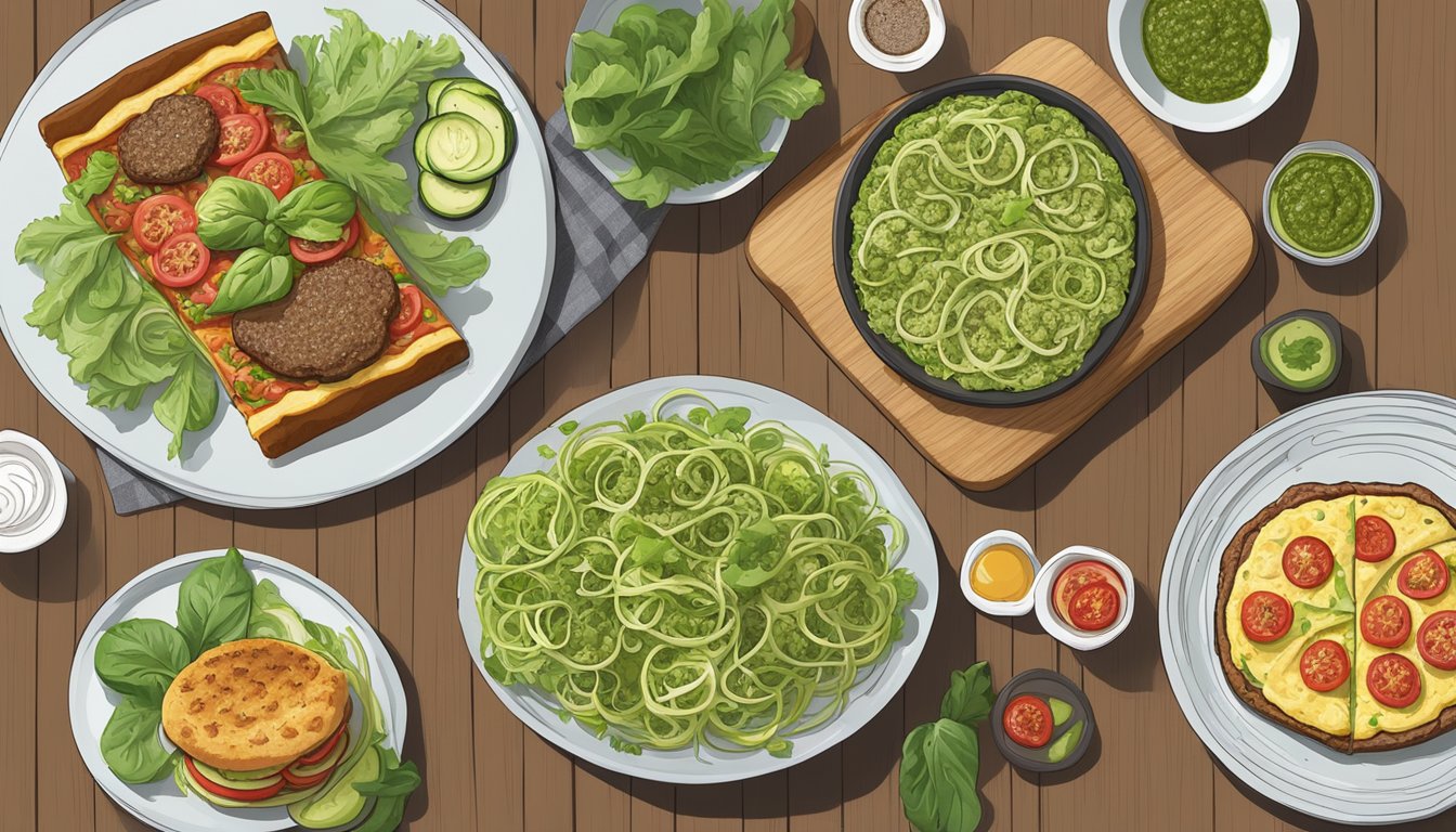 A table set with keto-friendly versions of popular dishes: cauliflower crust pizza, zucchini noodles with pesto, and lettuce-wrapped burgers