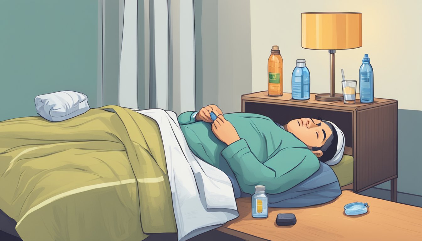 A person lying in bed with a thermometer, a glass of water, and a bottle of electrolyte drink on the bedside table. A damp cloth on their forehead