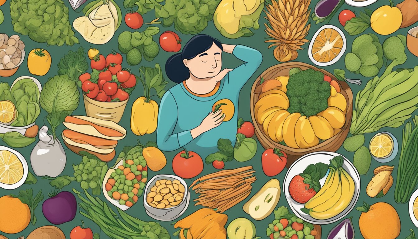 A person surrounded by healthy food, feeling fatigued and achy