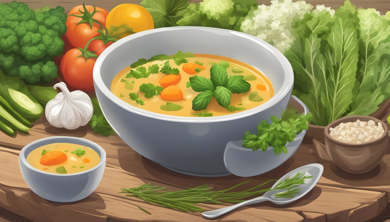 A steaming bowl of keto diet soup surrounded by fresh vegetables and herbs on a rustic wooden table