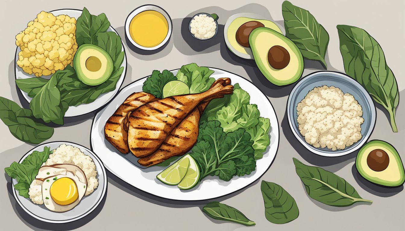 A dinner table set with keto-friendly foods: grilled chicken, avocado, leafy greens, and a side of cauliflower rice