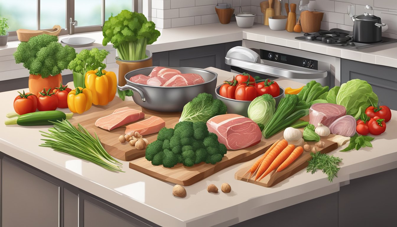 A kitchen counter with a variety of fresh vegetables, lean meats, and healthy fats, along with a selection of herbs and spices