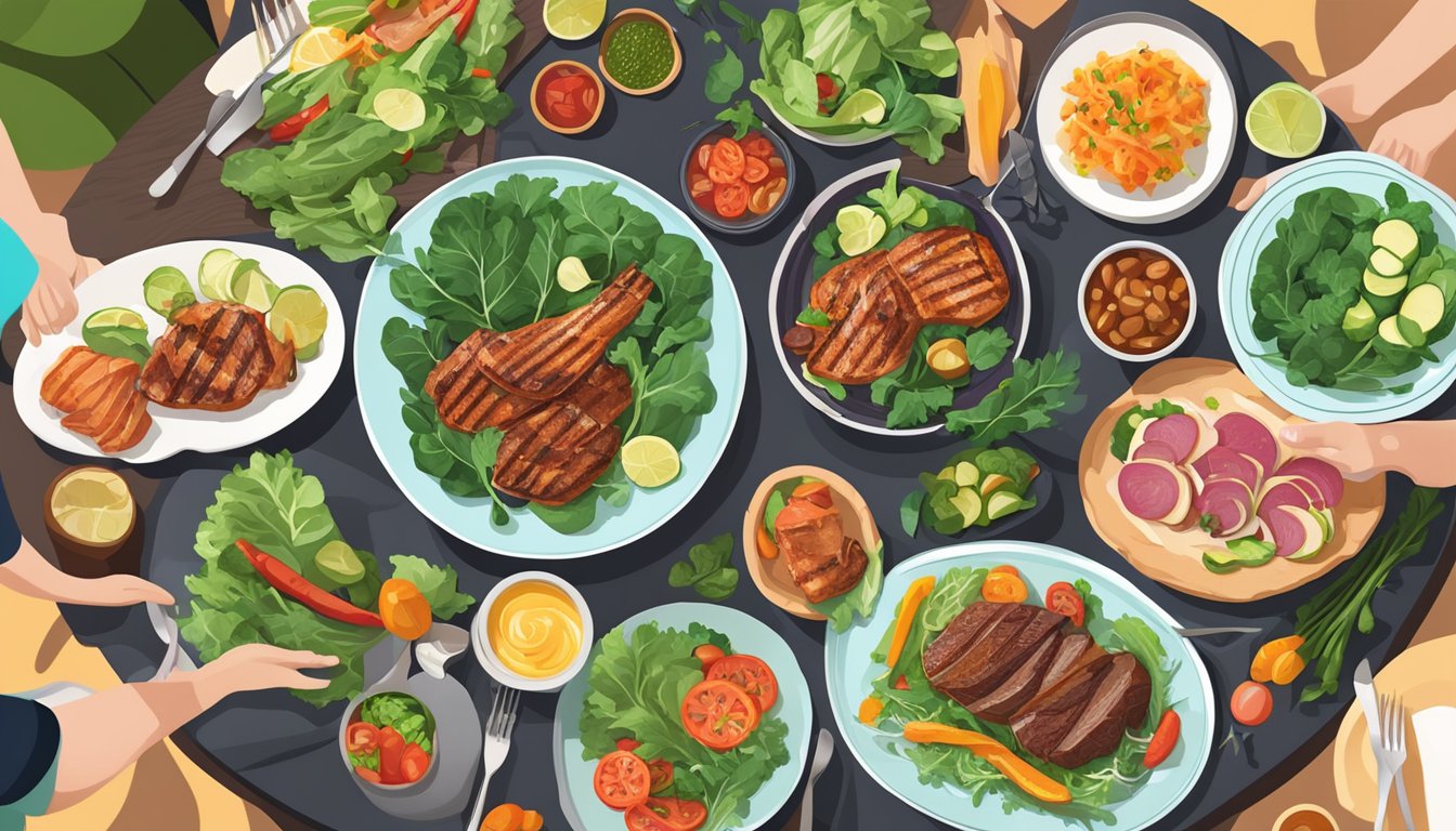 A dinner table set with a colorful array of keto-friendly dishes, including grilled meats, leafy greens, and vibrant low-carb vegetables