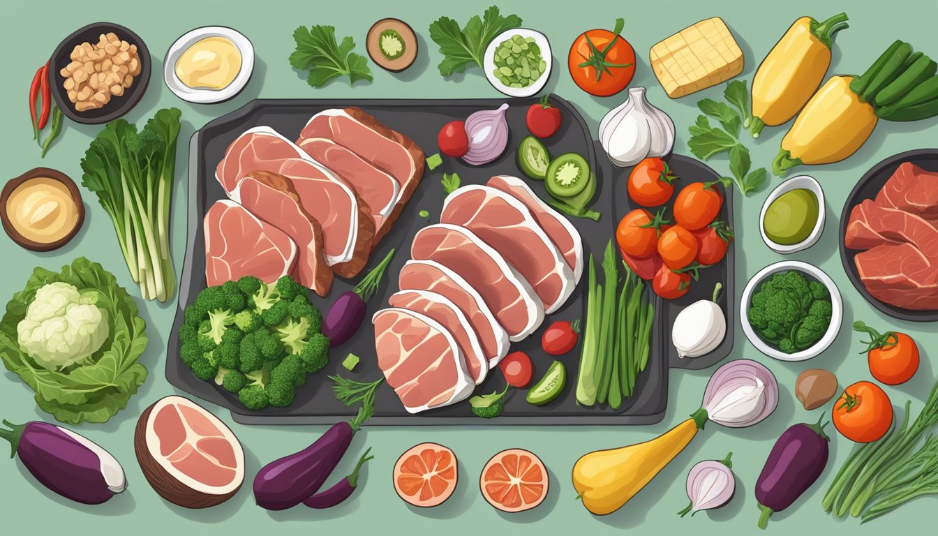 A kitchen counter with various fresh vegetables, lean meats, and healthy fats laid out for preparing keto dinners