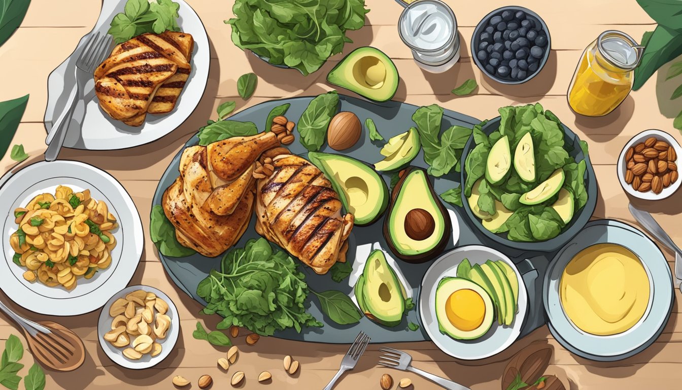 A dinner table with keto-friendly foods like grilled chicken, avocado, leafy greens, and nuts. No bread, pasta, or sugary drinks in sight