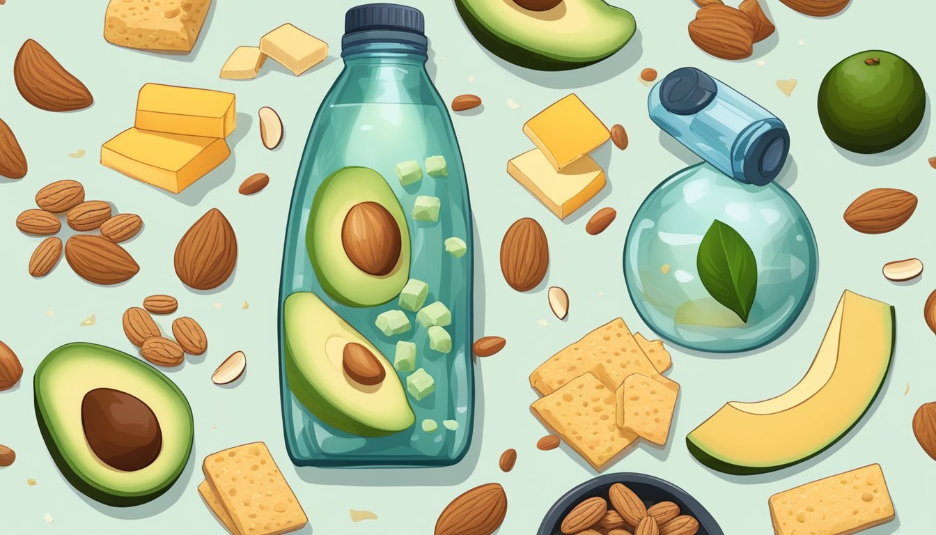 A water bottle surrounded by keto-friendly snacks like nuts, cheese, and avocado