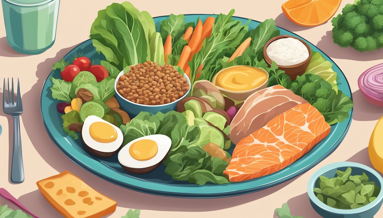 A colorful plate with a variety of low carb foods, such as leafy greens, lean proteins, and healthy fats, surrounded by a few tempting high carb options