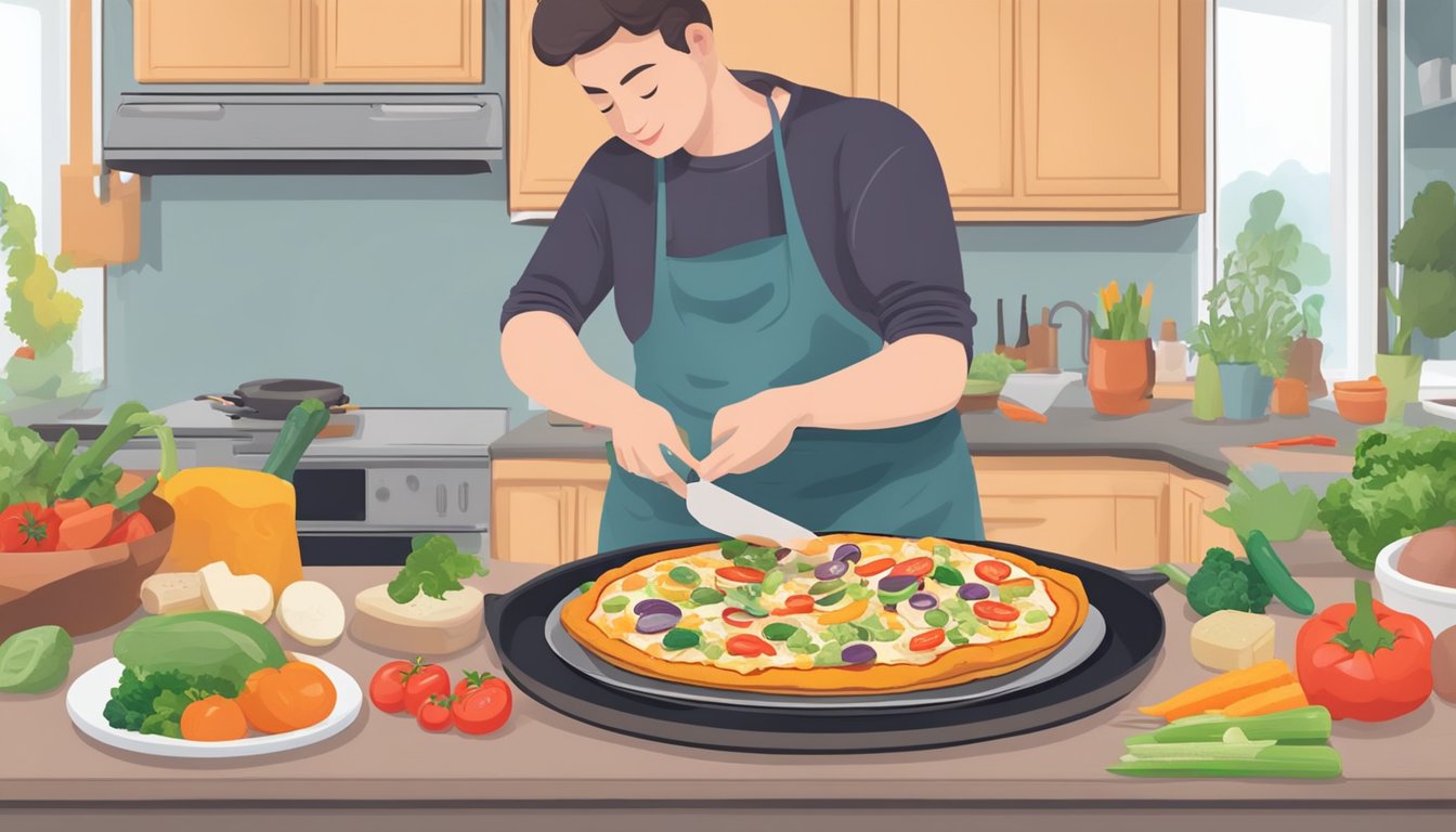 A person spreading low-carb sauce on a keto pizza crust, adding a variety of colorful vegetables and cheese before placing it in the oven