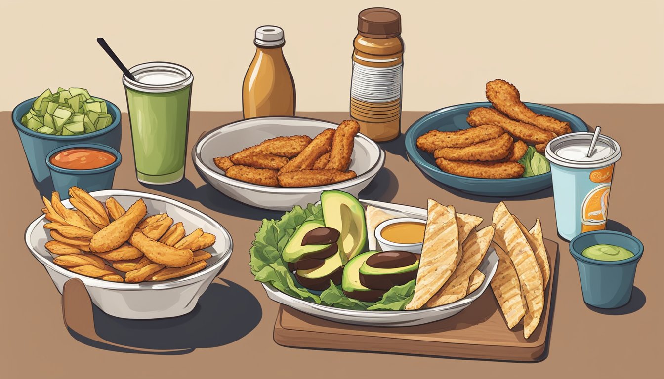 A table spread with keto-friendly fast food snacks and side orders, including avocado slices, grilled chicken strips, and a variety of low-carb dipping sauces