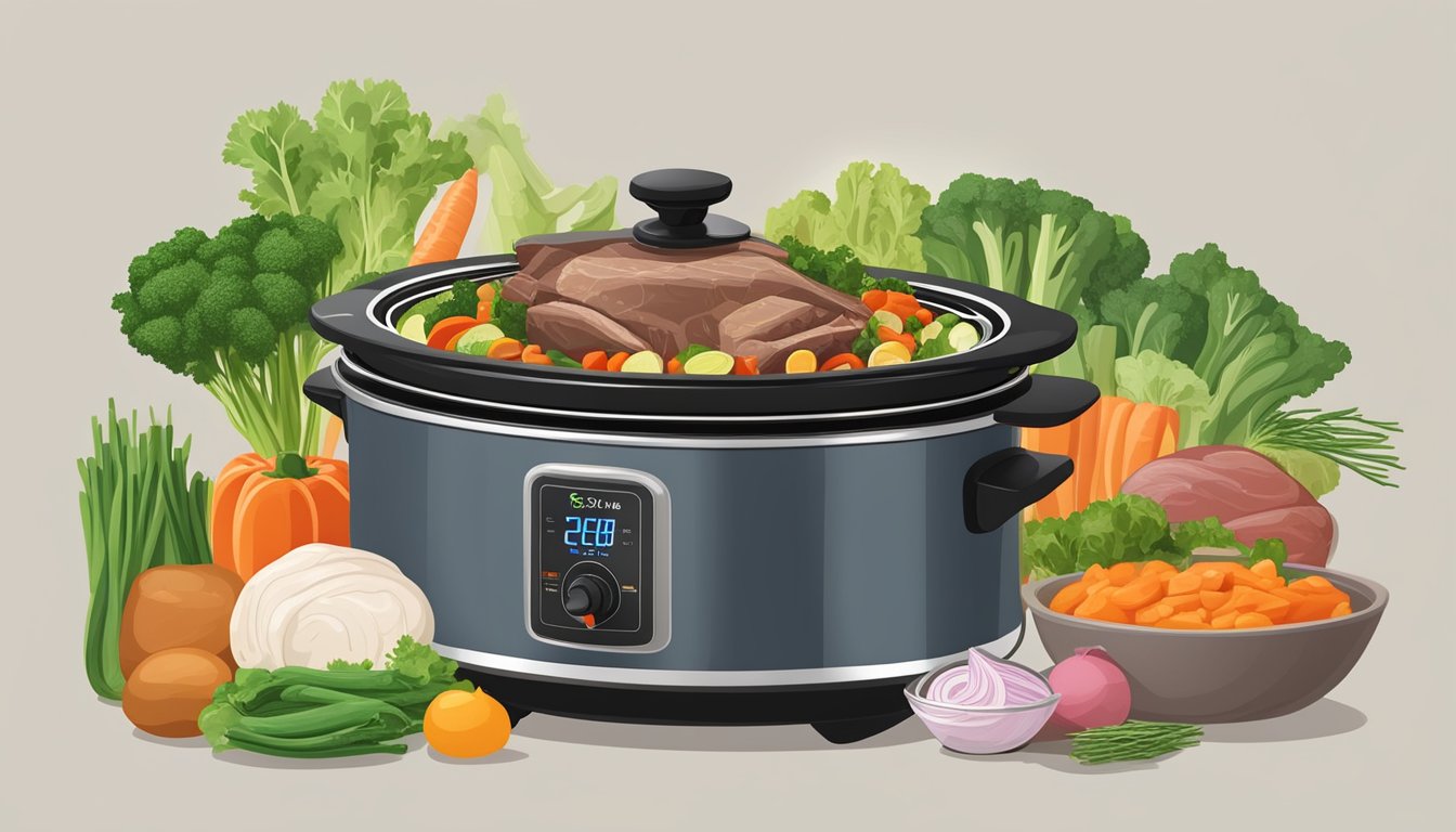 A slow cooker surrounded by fresh vegetables, lean meats, and healthy fats, with a focus on portion control and macro balance for keto diet recipes