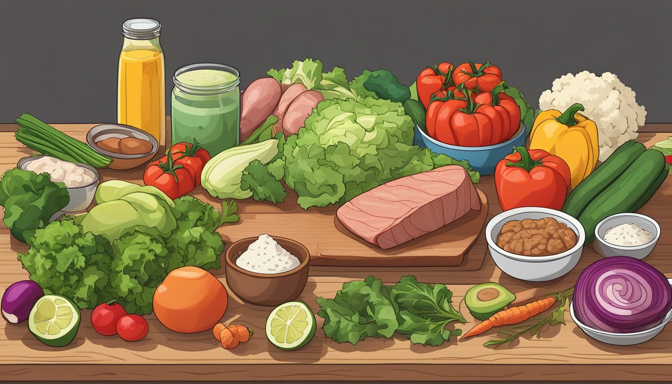 A colorful array of fresh vegetables, lean meats, and healthy fats spread out on a wooden cutting board, surrounded by kitchen utensils and a recipe book open to a page on easy keto diet meals