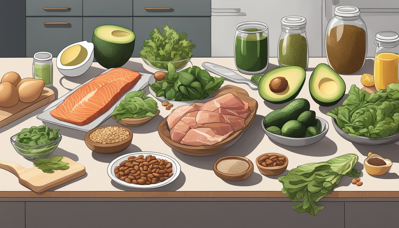 A kitchen counter with various keto-friendly foods and ingredients, such as avocados, leafy greens, nuts, and lean meats, arranged neatly