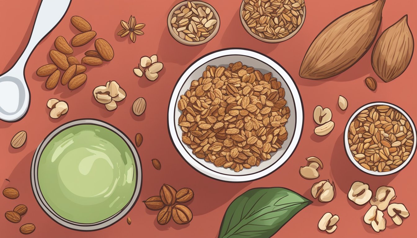 A bowl of granola sits next to a pile of keto-friendly ingredients, including nuts and seeds. A red circle with a line through it is drawn over the granola