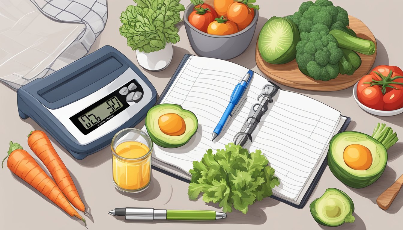 A kitchen counter with a digital scale, measuring tape, and a notebook with pen, surrounded by fresh vegetables and a keto recipe book