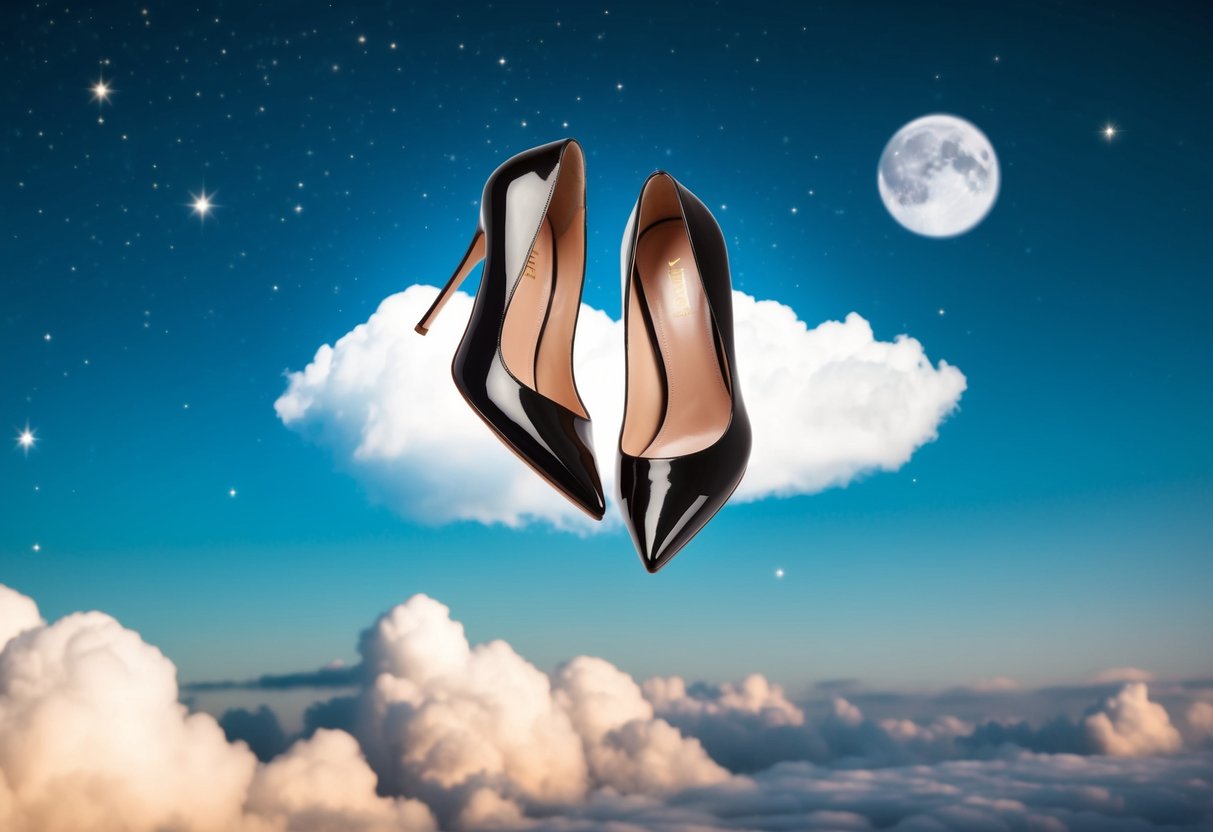 A pair of high heels floating above a cloud, with stars and moon in the background