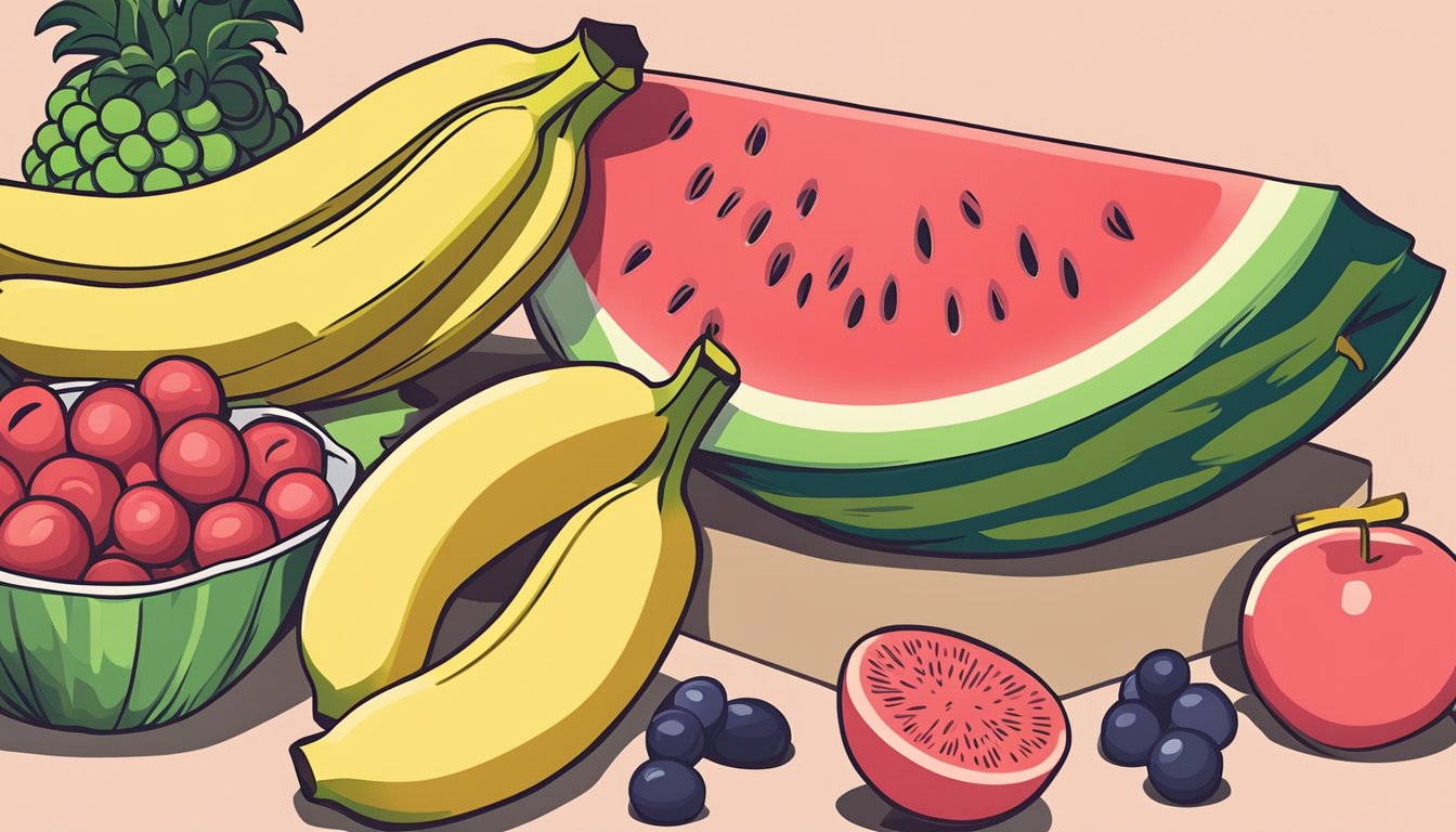 A pile of bananas, grapes, and watermelon next to a "no" symbol on a keto diet pamphlet