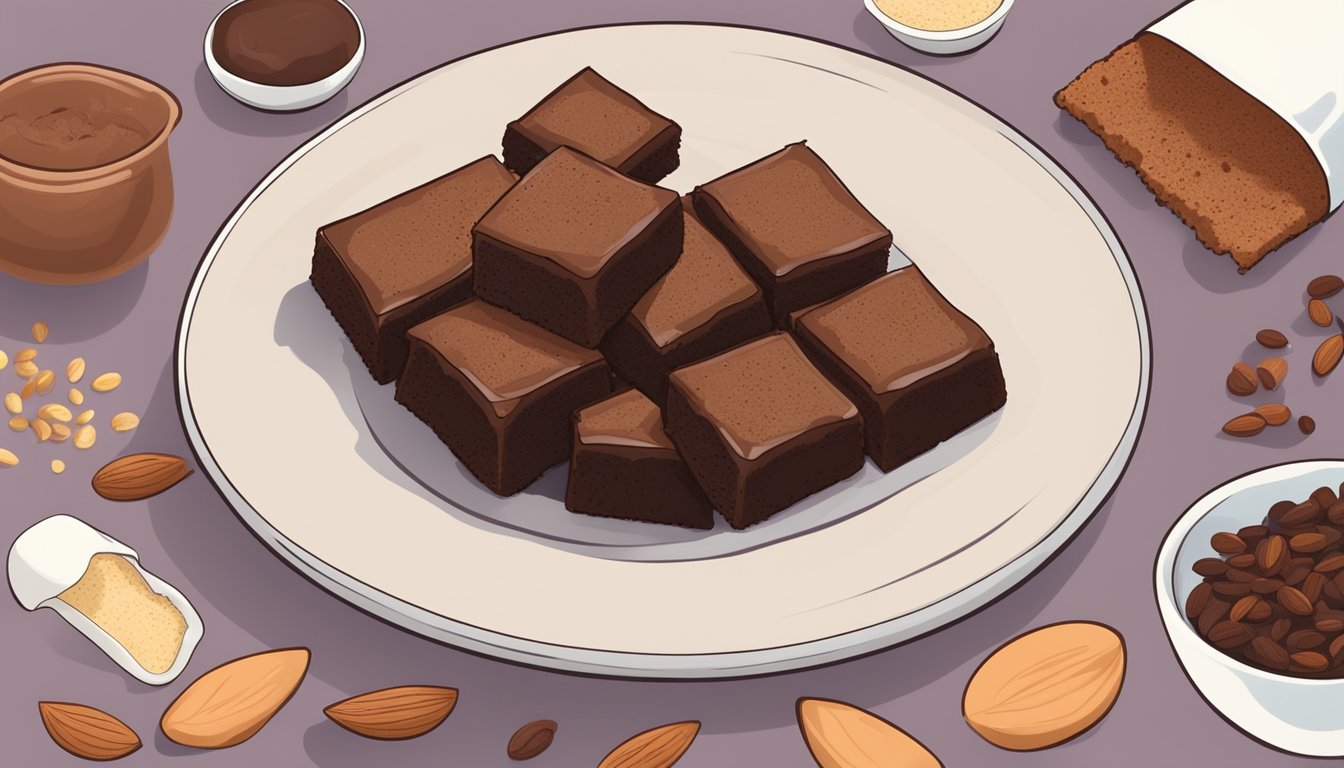 A plate of keto diet brownies surrounded by ingredients like almond flour, cocoa powder, and erythritol