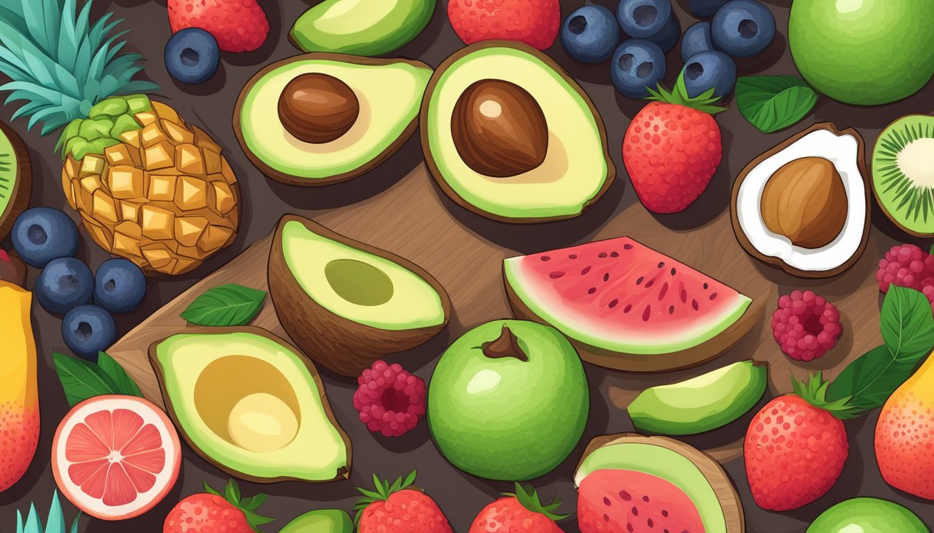 A colorful array of keto-friendly fruits arranged on a wooden cutting board, including berries, avocado, and coconut, with a measuring tape and a keto diet book in the background