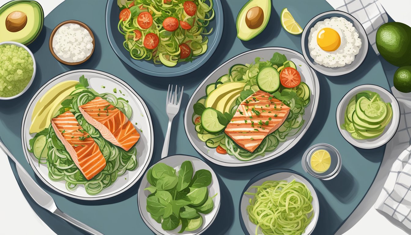 A table set with keto-friendly dishes: grilled salmon, avocado salad, cauliflower rice, and zucchini noodles