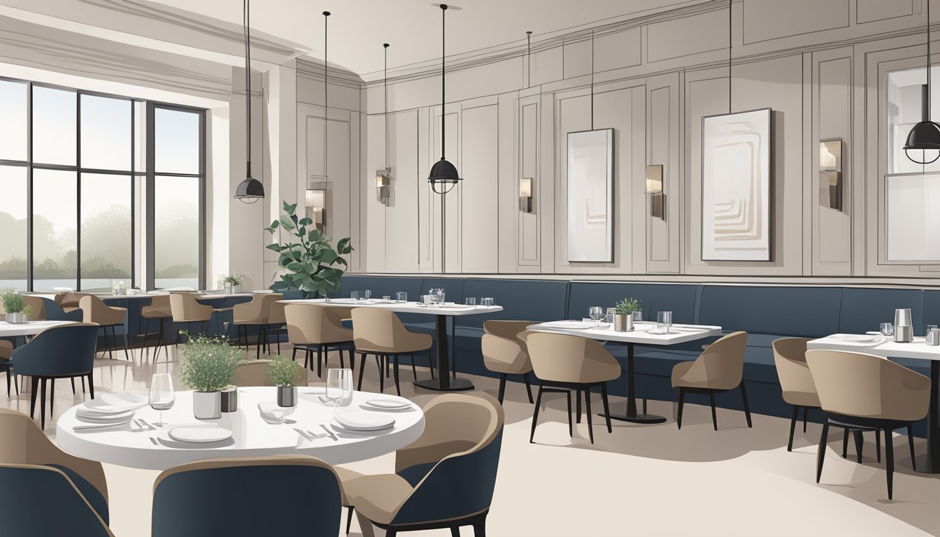 A modern, minimalist restaurant with a sleek, industrial interior. Clean lines and a neutral color palette create a serene atmosphere. Tables are set with simple, elegant place settings