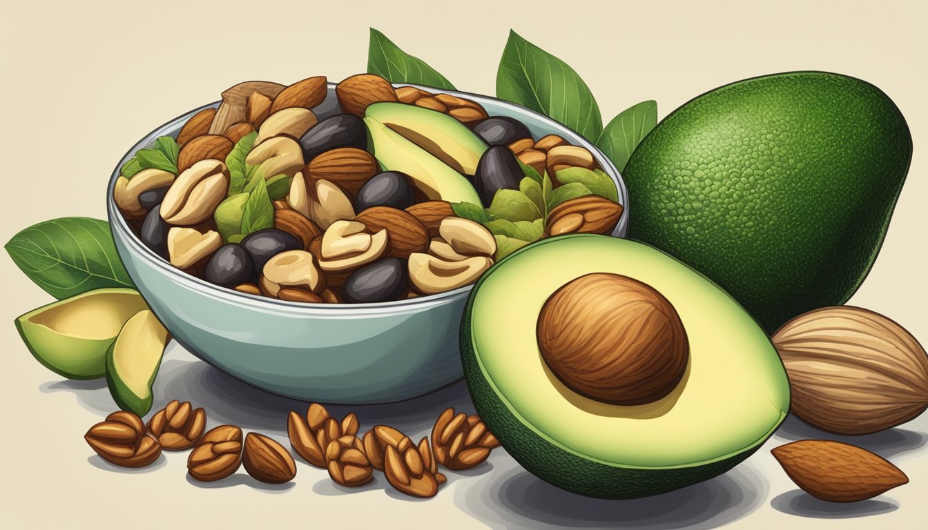 A plate with nuts, seeds, and avocado slices