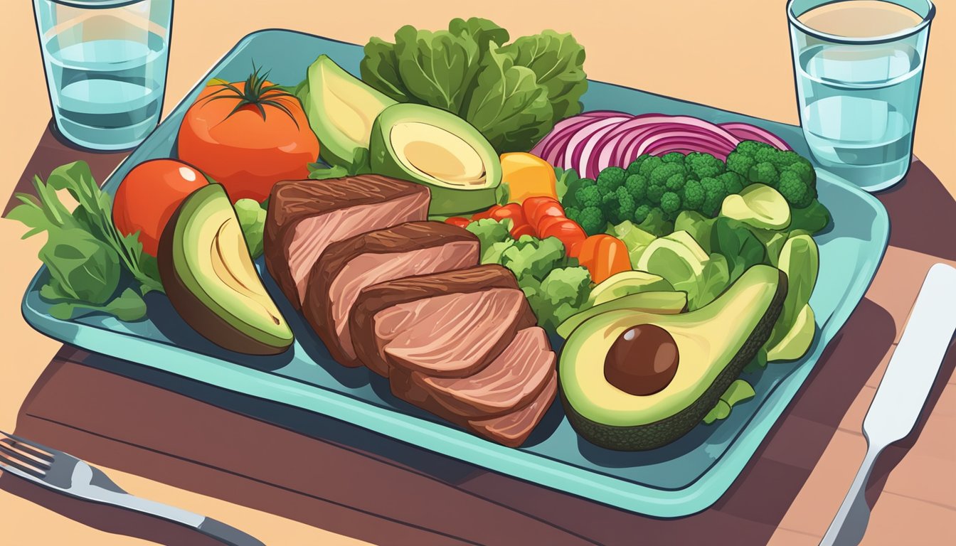 A colorful plate of low-carb vegetables, lean meats, and healthy fats, with a side of avocado and a glass of water