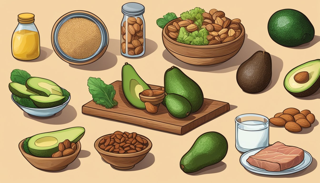 A table with various food items: avocados, nuts, vegetables, and meats. A scale displaying the carb content of each item